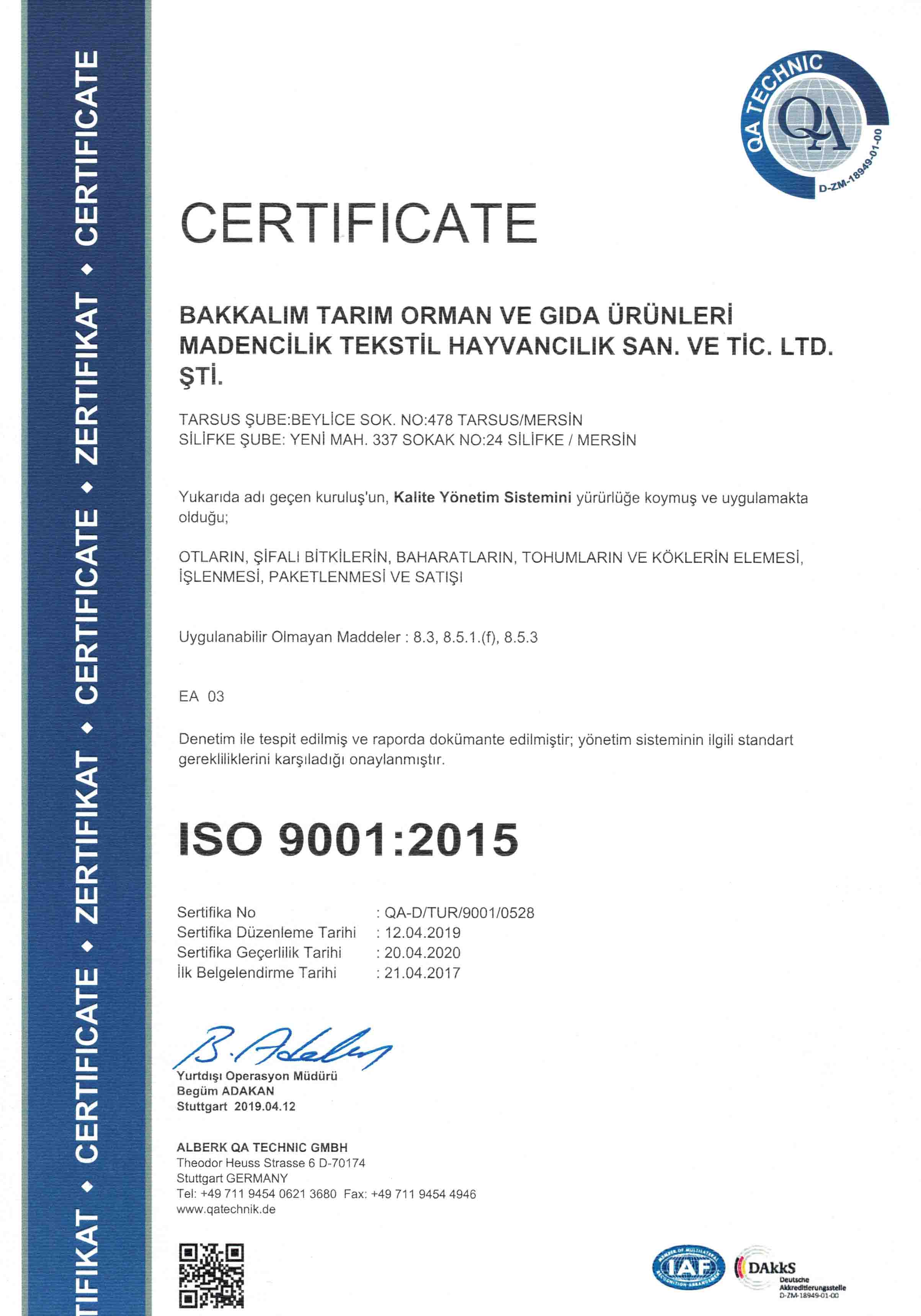 Certificates Bakkalim Co. Ltd. Turkish Laurel Leaves / Turkish Bay